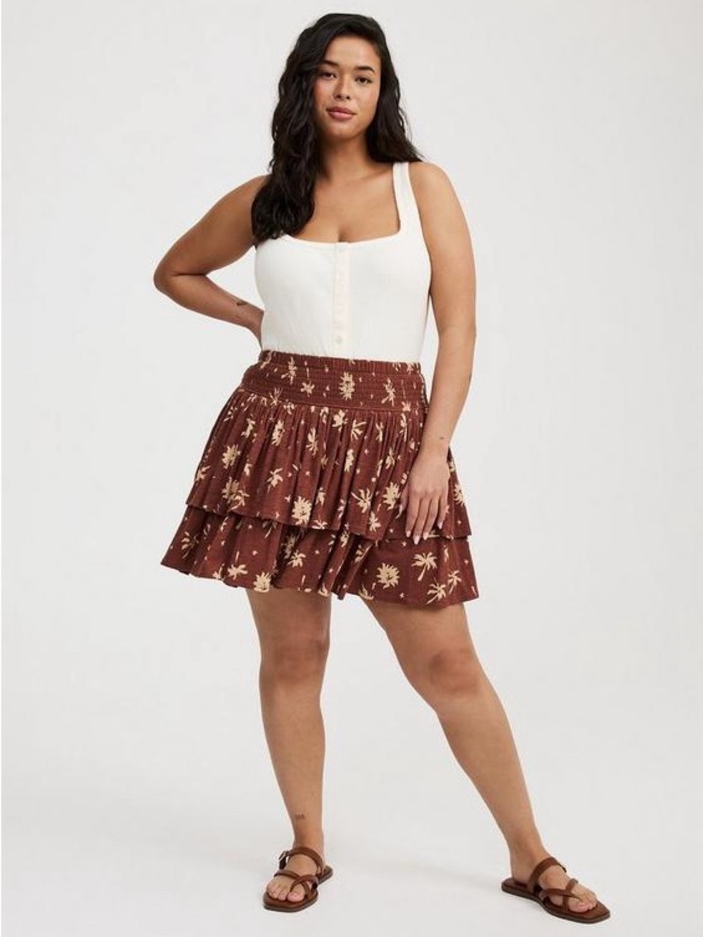 Torrid Smocked Tiered Skort Sun Palms Bracken Brown Size 00 Medium / 10